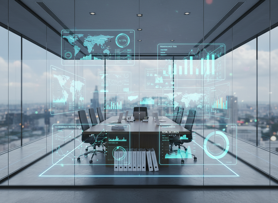 A sleek, glass-walled financial control room filled with floating, holographic dashboards showing global payment flows, chargeback ratios, and risk scores in cool blues and teals. In the center, a polished dark-wood conference table holds open laptops and neatly stacked compliance folders, all unoccupied. Large floor-to-ceiling windows reveal a distant, softly blurred city skyline. Cool, diffused daylight mixes with subtle LED strip lighting under the desk edges, creating crisp reflections on the glass surfaces. Photographic realism from a slightly elevated, wide-angle perspective, with sharp focus on the glowing dashboards and a gentle bokeh on the skyline, evoking a professional, data-driven atmosphere of controlled complexity and trust.